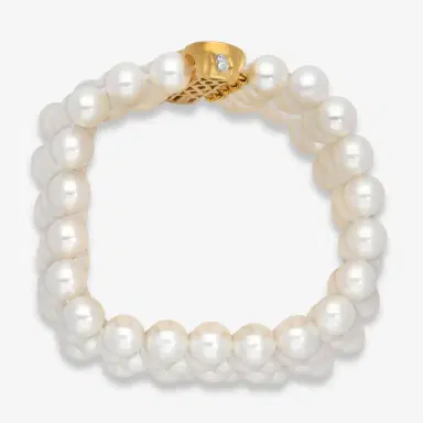 ASSAEL Assael 18K Yellow Gold Pave Woven Five Row Japanese Akoya Cultured Pearl Bracelet by The Solist | Thumbnail 2