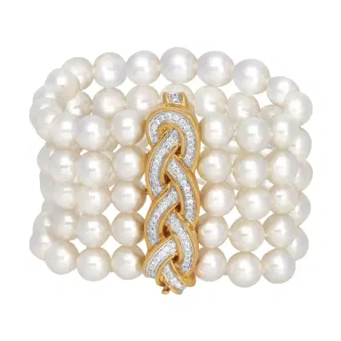 ASSAEL Assael 18K Yellow Gold Pave Woven Five Row Japanese Akoya Cultured Pearl Bracelet by The Solist | Thumbnail 1