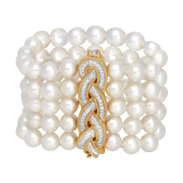 ASSAEL Assael 18K Yellow Gold Pave Woven Five Row Japanese Akoya Cultured Pearl Bracelet by The Solist