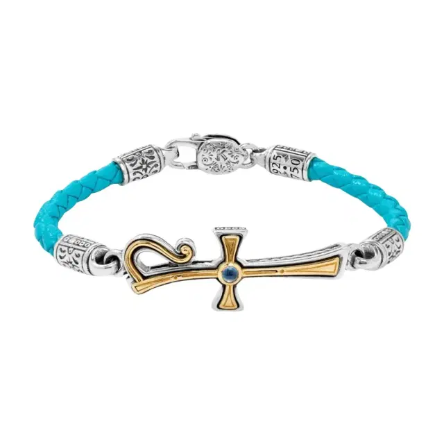 Konstantino Konstantino Dome Sterling Silver & 18K Yellow Gold Blue Spinel Leather Bracelet by The Solist