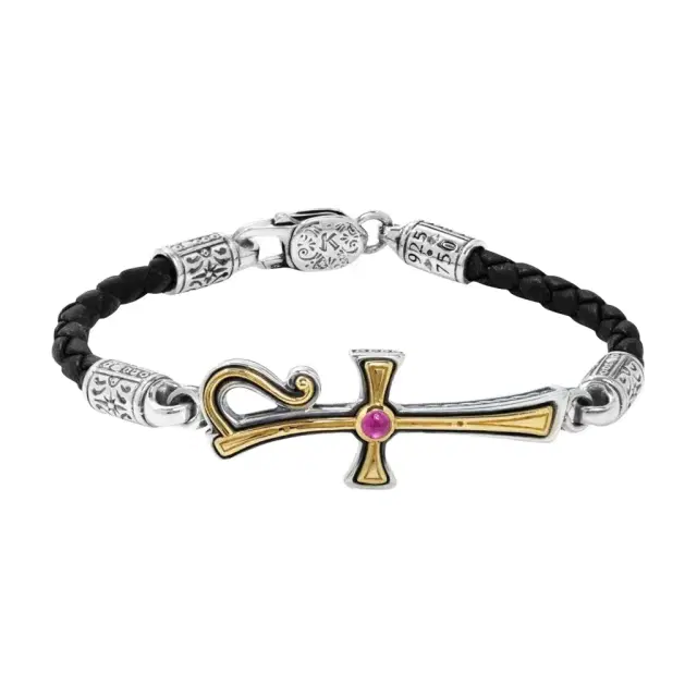 Konstantino Konstantino Dome Sterling Silver & 18K Yellow Gold Corundum Leather Bracelet by The Solist
