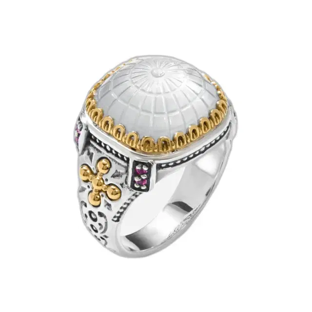 Konstantino Dome Sterling Silver & 18k Yellow Gold Mother of Pearl & Corundum Ring Sz. 8 by The Solist