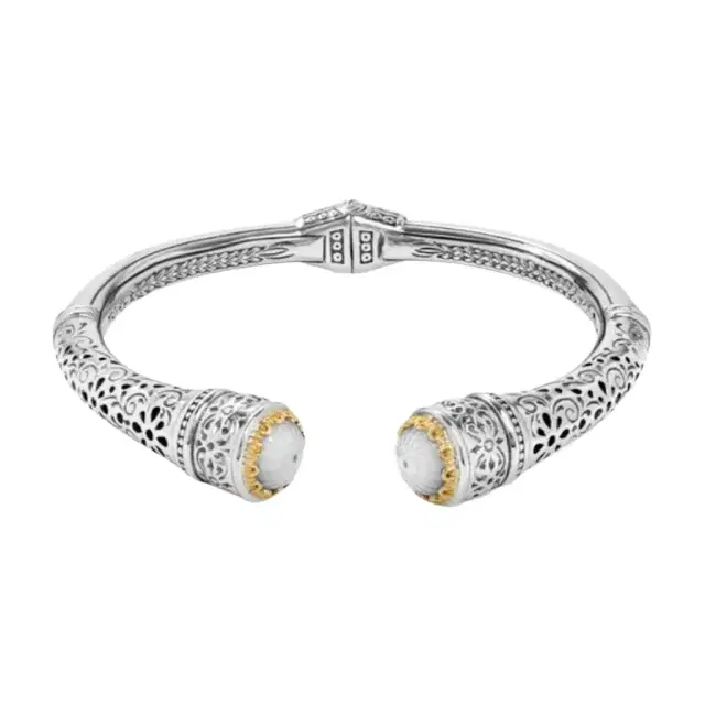 Konstantino Konstantino Dome Sterling Silver and 18K Yellow Gold Mother of Pearl Doublet Etched Cuff Bracelet by The Solist