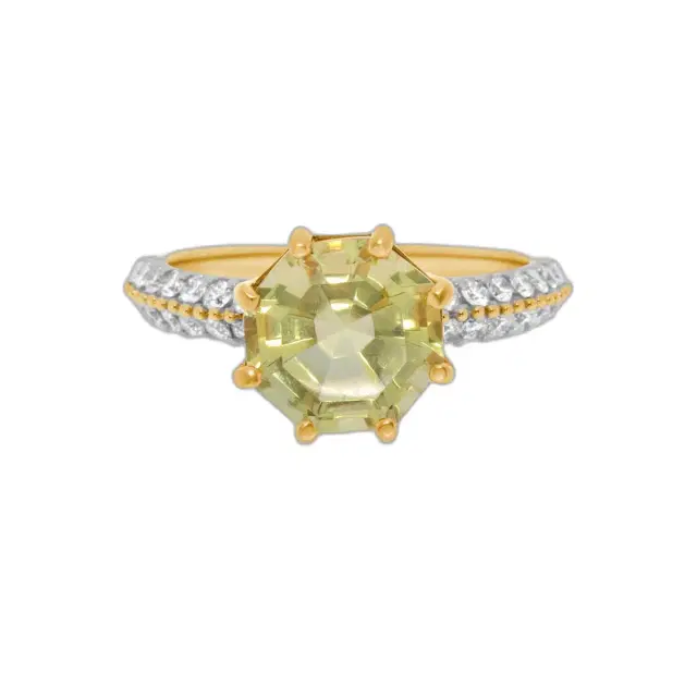 SuperOro SuperOro 14K Yellow Gold, Octagonal Lemon Topaz and Diamond Gemstone Ring Sz. 6.5 by The Solist