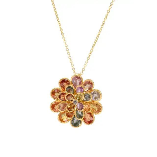 SuperOro SuperOro 18K Yellow Gold, Multi Sapphire 4.50ct. tw. and Diamond Flower Pendant Necklace by The Solist