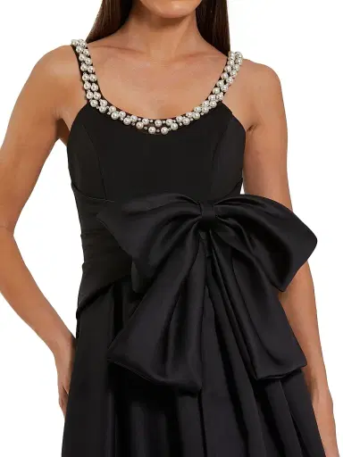 Mac Duggal Women's Imitation Pearl- & Bow-Detailed Satin Gown - Black - Size 14 | Thumbnail 3