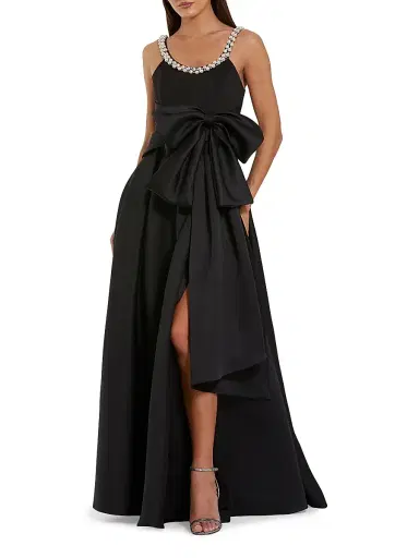 Mac Duggal Women's Imitation Pearl- & Bow-Detailed Satin Gown - Black - Size 14 | Thumbnail 1