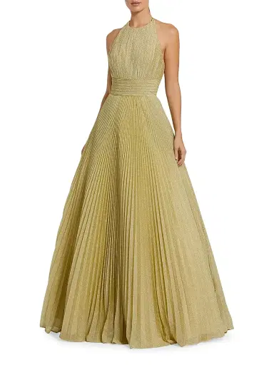 Mac Duggal Women's Shimmering Pleated Georgette Gown - Gold - Size 14 | Thumbnail 1 Mac Duggal Women's Shimmering Pleated Georgette Gown - Gold - Size 14 | Thumbnail 1