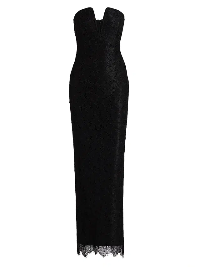 Women's Lace-Trimmed Strapless V-Neck Gown - Black