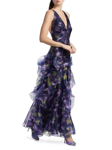 BCBGMAXAZRIA Women's Printed Organza Sleeveless Gown - Meadow Violet Floral Print | Thumbnail 2