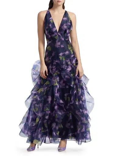 BCBGMAXAZRIA Women's Printed Organza Sleeveless Gown - Meadow Violet Floral Print | Thumbnail 3
