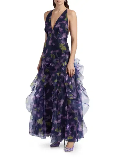 BCBGMAXAZRIA Women's Printed Organza Sleeveless Gown - Meadow Violet Floral Print | Thumbnail 4
