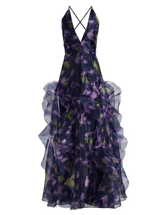 Women's Printed Organza Sleeveless Gown - Meadow Violet Floral Print