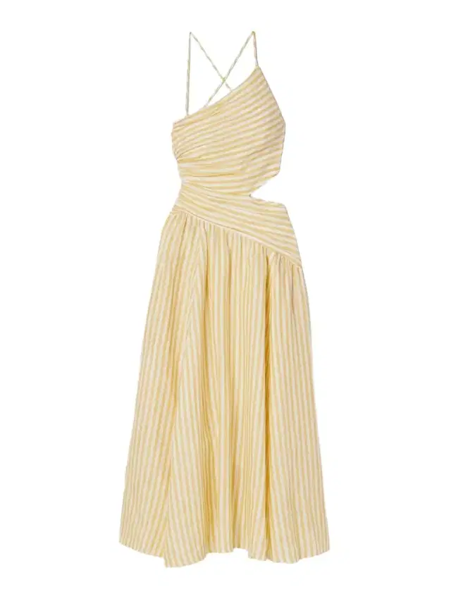 Cascadian Cutout Ruched Striped Linen Midi Dress