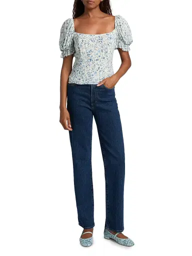 Reformation Women's Marin Floral Puff-Sleeve Top - Nile - Size 12 | Thumbnail 2