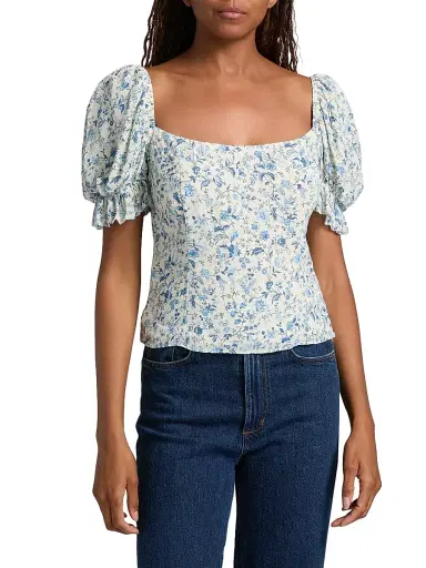 Reformation Women's Marin Floral Puff-Sleeve Top - Nile - Size 12 | Thumbnail 3