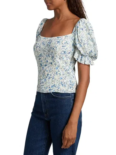 Reformation Women's Marin Floral Puff-Sleeve Top - Nile - Size 12 | Thumbnail 4