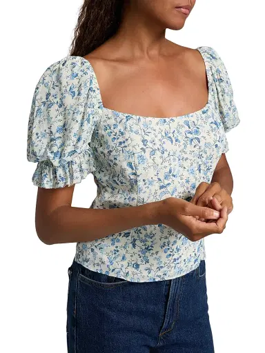 Reformation Women's Marin Floral Puff-Sleeve Top - Nile - Size 12 | Thumbnail 6