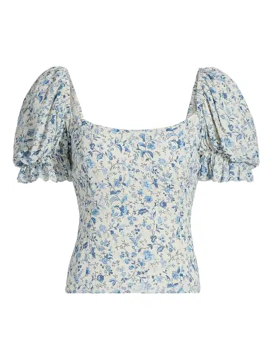 Reformation Women's Marin Floral Puff-Sleeve Top - Nile - Size 12 | Thumbnail 1