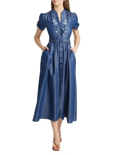 Saloni Women's Ena Floral-Embroidered Cotton-Blend Midi Shirtdress - Mid Wash Datura | Thumbnail 2 Saloni Women's Ena Floral-Embroidered Cotton-Blend Midi Shirtdress - Mid Wash Datura | Thumbnail 2