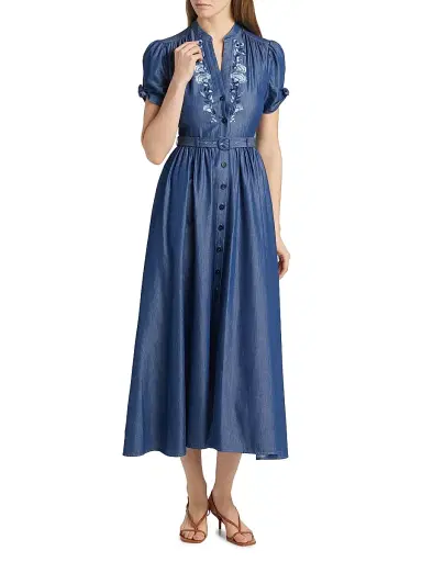 Saloni Women's Ena Floral-Embroidered Cotton-Blend Midi Shirtdress - Mid Wash Datura | Thumbnail 3 Saloni Women's Ena Floral-Embroidered Cotton-Blend Midi Shirtdress - Mid Wash Datura | Thumbnail 3