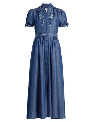 Saloni Women's Ena Floral-Embroidered Cotton-Blend Midi Shirtdress - Mid Wash Datura | Thumbnail 1 Saloni Women's Ena Floral-Embroidered Cotton-Blend Midi Shirtdress - Mid Wash Datura | Thumbnail 1