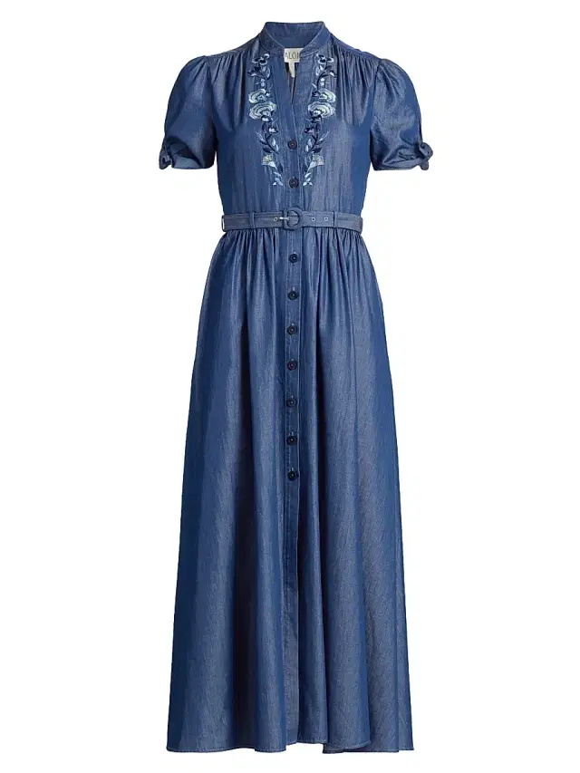 Saloni Women's Ena Floral-Embroidered Cotton-Blend Midi Shirtdress - Mid Wash Datura