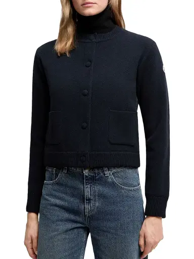 Moncler Women's Down-Filled Cardigan in Wool - Navy Blue | Thumbnail 2