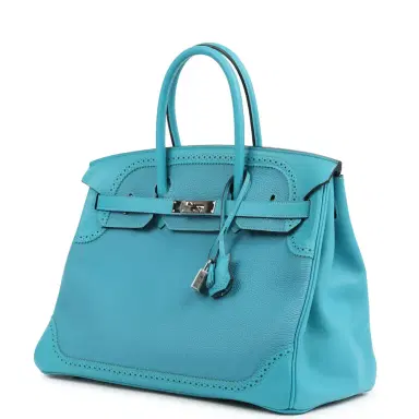 HERMÈS Pre-owned Hermes Birkin 35 Ghillies Turquoise Togo and Swift Palladium Hardware | Thumbnail 2
