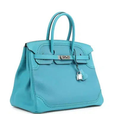 HERMÈS Pre-owned Hermes Birkin 35 Ghillies Turquoise Togo and Swift Palladium Hardware | Thumbnail 3