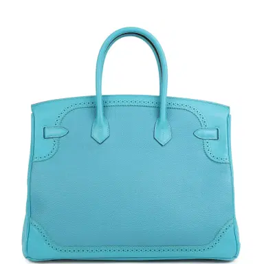 HERMÈS Pre-owned Hermes Birkin 35 Ghillies Turquoise Togo and Swift Palladium Hardware | Thumbnail 5