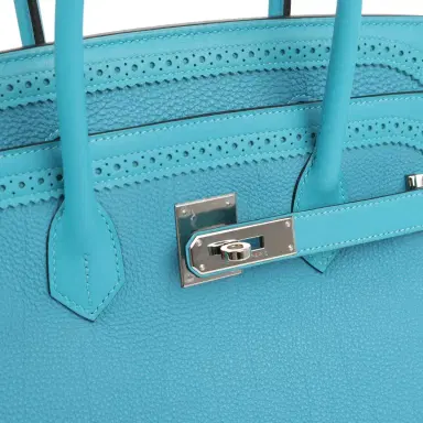 HERMÈS Pre-owned Hermes Birkin 35 Ghillies Turquoise Togo and Swift Palladium Hardware | Thumbnail 7