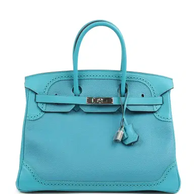 HERMÈS Pre-owned Hermes Birkin 35 Ghillies Turquoise Togo and Swift Palladium Hardware | Thumbnail 1