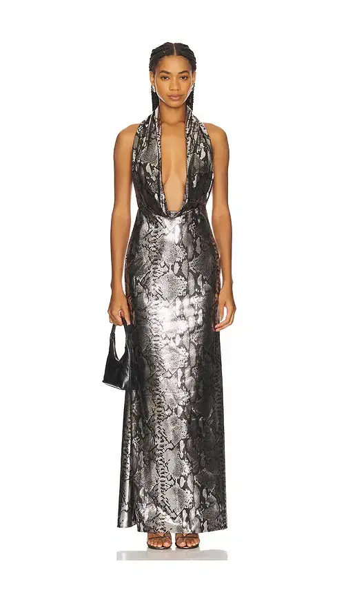 LaPointe Metal Snake Deep Cowl Neck Gown
