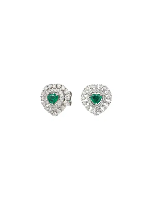 Wish Fine Jewelry 2.24ct Emerald Diamond 18K Gold Heart Cluster Stud Earrings