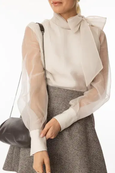 Brunello Cucinelli Crispy Bow Blouse | Thumbnail 3
