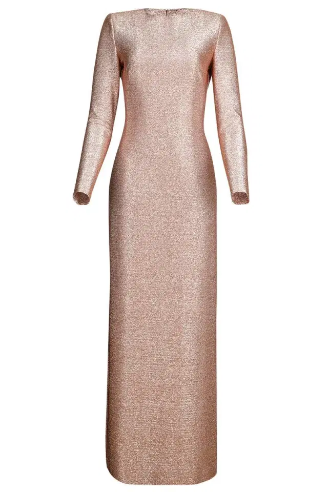 Oscar de la Renta Strong Shoulder Metallic Stretch Gown