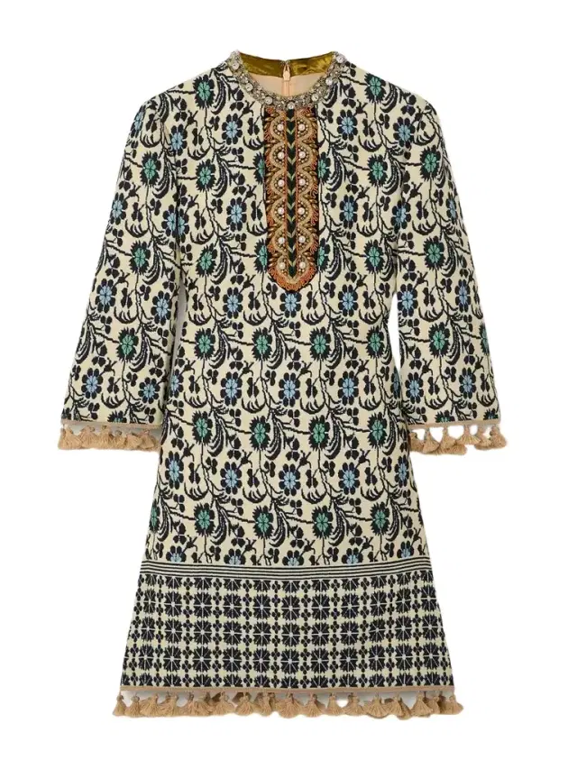 Embellished Tasseled Jacquard Mini Dress