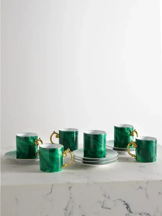 Malachite Set Of Six Porcelain Espresso Cups And Saucers