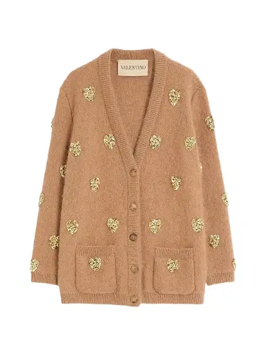 Valentino Garavani Women's Embroidered Cardigan - Camel Gold - Size Large | Thumbnail 1 Valentino Garavani Women's Embroidered Cardigan - Camel Gold - Size Large | Thumbnail 1