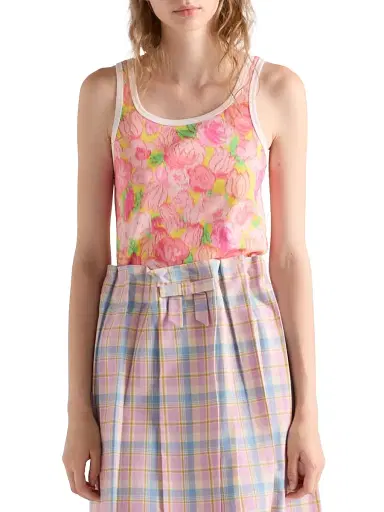 Prada Women's Printed Ribbed Knit Cotton Tank Top - Pink | Thumbnail 2