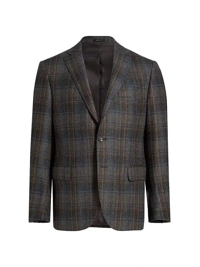 Men's COLLECTION Plaid Wool Sport Coat - Brown Grey