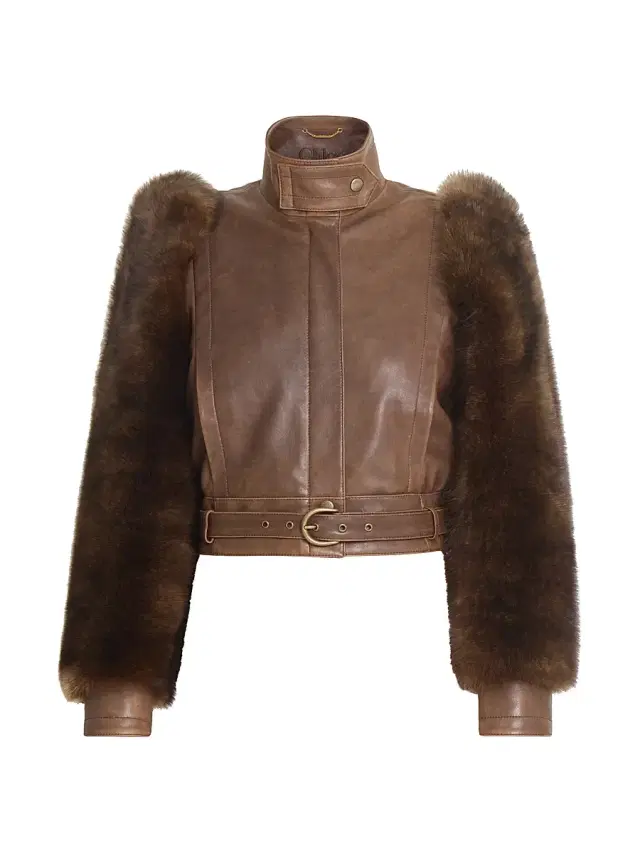 Women's Leather & Shearling Sleeve Jacket - Bourbon Brown
