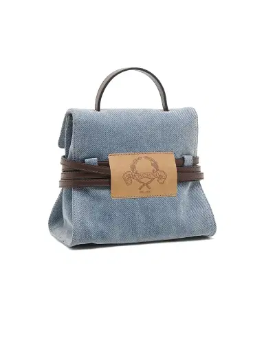 MOSCHINO Women's Tie Me Flocked Denim-Leather Satchel - Sky Blue Dark Brown | Thumbnail 4 MOSCHINO Women's Tie Me Flocked Denim-Leather Satchel - Sky Blue Dark Brown | Thumbnail 4