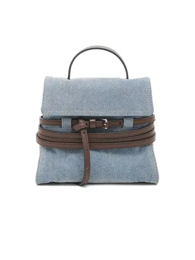 MOSCHINO Women's Tie Me Flocked Denim-Leather Satchel - Sky Blue Dark Brown | Thumbnail 1 MOSCHINO Women's Tie Me Flocked Denim-Leather Satchel - Sky Blue Dark Brown | Thumbnail 1