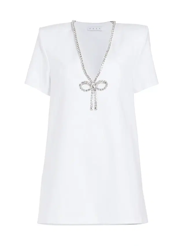 AREA Women's Core Crystal Bow V-Neck T-Shirt Dress - White