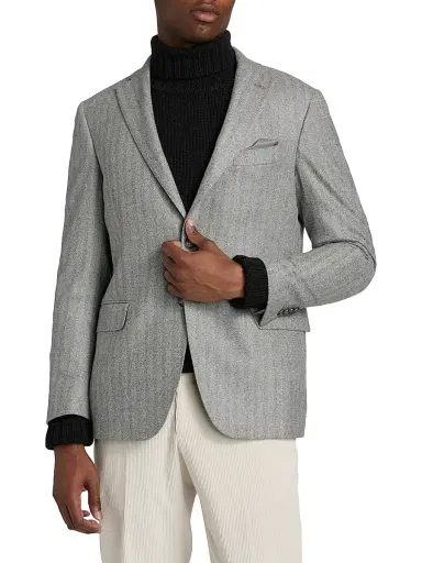 Saks Fifth Avenue Men's COLLECTION Herringbone Wool Jacket - Light Grey - Size 48 | Thumbnail 3