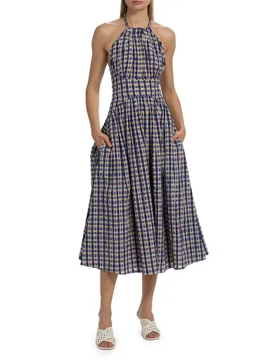 Rosie Assoulin Women's In The Name Of Love Checked Halter Midi-Dress - Navy Check - Size 12 | Thumbnail 3