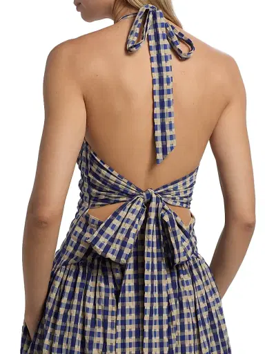 Rosie Assoulin Women's In The Name Of Love Checked Halter Midi-Dress - Navy Check - Size 12 | Thumbnail 6