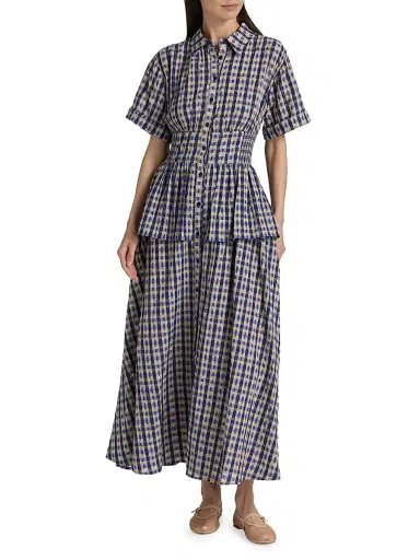Rosie Assoulin Women's Boogie Woogie Bugle Peplum Maxi Dress - Navy Check | Thumbnail 2 Rosie Assoulin Women's Boogie Woogie Bugle Peplum Maxi Dress - Navy Check | Thumbnail 2